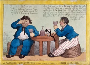 1805年12月3日、ルドルフアッカーマンによって出版されたトーマスローランドソン（1756-1827）によって刻まれたネルソン卿の悲嘆死に関する船員の観察（カラーエッチング）