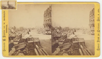 1871年、1871年のシカゴ火災後のディアボーンストリートの廃墟から取った金庫の立体写真（カードマウントのbw写真）