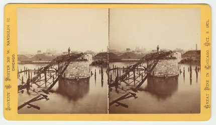 1871年、1871年のシカゴ火災後のヴァンビューレンストリートブリッジの立体写真（カードマウントのbw写真）
