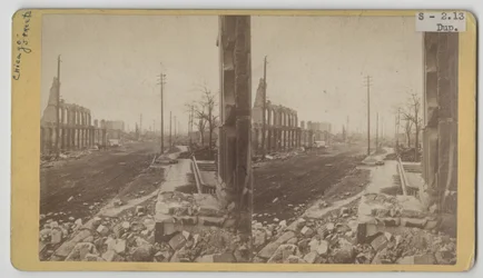 1871年のシカゴ火災後のクラークストリートの立体写真