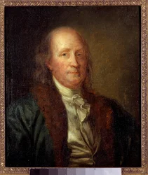 ベンジャミン・フランクリン（1706-1790）の肖像 アメリカの物理学者、哲学者、政治家 ジョージ・ピーター・アレクサンドル・ヒーリー（1808-1894）による絵画 日。0,33x0,27 m.