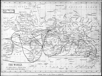 航路と電信ケーブルを示す世界の地図、c1893
