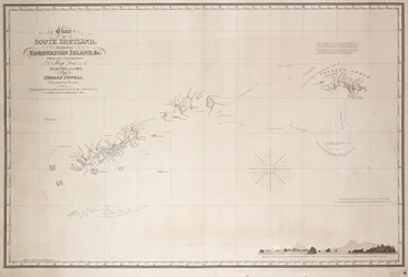 サウス・シェトランド諸島およびコロネーション島の海図、ジョージ・パウエル船長率いるスループ船ダヴによる1821年と1822年の探検に基づく