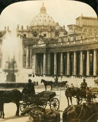 セントピーターズスクエア、イタリア、ローマ、c1909の噴水のそばの馬車。