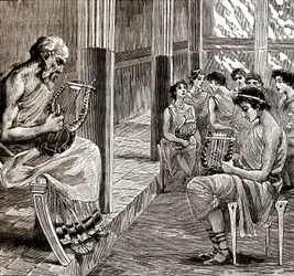 古代ギリシャの学校：教師が生徒に竪琴を教える。