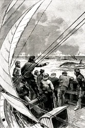 極地に向かう海上で、船（ヨット）の乗組員がクジラの群れを見ている。ジュール・ヴェルヌ(1828-1905)の小説「氷のスフィンクス」の挿絵。