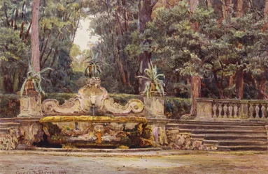 イタリアの庭園コルシーニ荘のボスコにて（カラーリトグラフ）