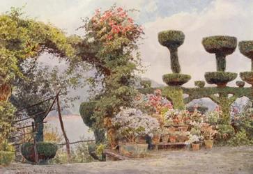 イタリアの庭園：ラ・バディア、修道院の前庭（カラーリトグラフ）