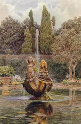 イタリアの庭園：アルドブランディーニ邸、花壇の噴水（カラーリトグラフ）