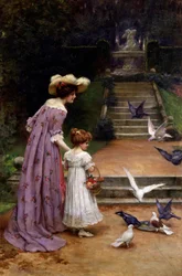 ハトに餌をやる公園で鳥に餌をやる母娘。階段の上には噴水が描かれている。ジョージ・シェリダン・ノウルズ（1863-1931 イギリス）個人蔵