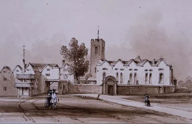 Highgate School and Chapel, c.1840 （セピアインクのウォッシュドローイング）