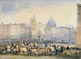 人物や動物がいるスミスフィールド マーケットの眺め、ロンドン市、1824 年。