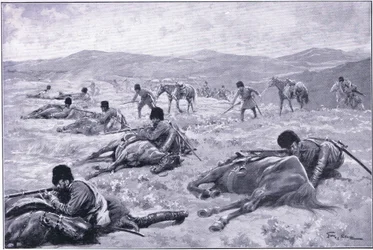 コサックと彼の馬：小競り合い中にカバーを固定するための装置、イラスト、ラッセル日露戦争の巻1、c.1900