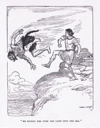 ジョージ・アレン・アンド・アンウィン社から1929年に出版された「The Heroes」の中で、彼を崖から海に蹴り落とした（カラーリトグラフ）。