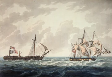 1810年にロバートクリッブが出版したR und D Havellによって刻まれた1809年7月6日の行動の後、フランスのフリゲート艦フリユーズを引いて彼の陛下のスループ、ボンチトエンヌ
