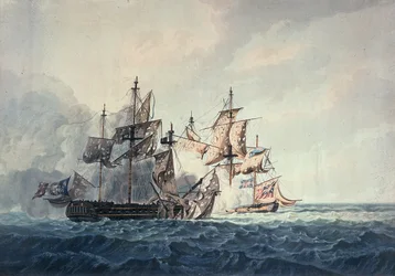 1810年にロバートクリッブが出版したR und D Havellが刻印した、1809年7月6日の西諸島のフランス領フリッグ船、ボンシトエンヌ国王陛下の行動