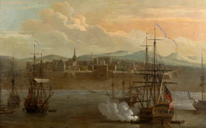 インドのマドラスにあるフォート セント ジョージの絵。 1731 年。軍の砦、船が停泊する港。 船の大砲が発射されます。 煙。 戦い。