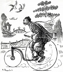 中国の公園で三輪車に乗る中国人の姿を描いた漫画。フランス系イギリス人の漫画家・作家であるジョージ・デュ・モーリア（1834-1896）が描いたもの。
