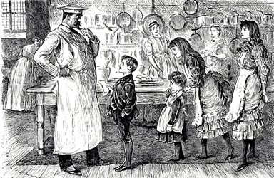 料理人が家の子供たちから注文を受ける様子を描いた漫画。絵を描いたのは、フランス系イギリス人の漫画家・作家のジョージ・デュ・モーリア（1834-1896）。