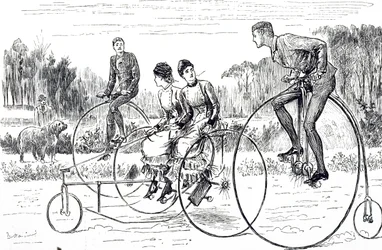 三輪車に乗る若者たちの姿を描いた漫画。フランス系イギリス人の漫画家・作家であるジョージ・デュ・モーリア（1834-1896）が描いたもの。