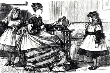 ミシンを使う若い母親の姿を描いた漫画。絵を描いたのは、フランス系イギリス人の漫画家・作家のジョージ・デュ・モーリア（1834-1896）。