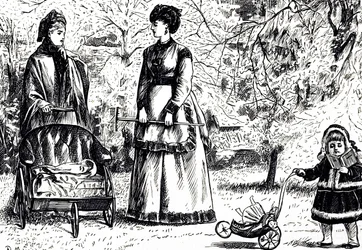 継承か、構想か」というタイトルの漫画。絵を描いたのは、フランス系イギリス人の漫画家・作家のジョージ・デュ・モーリア（1834-1896）。