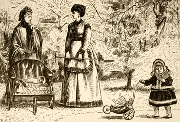 継承か、構想か」というタイトルの漫画。絵を描いたのは、フランス系イギリス人の漫画家・作家のジョージ・デュ・モーリア（1834-1896）。