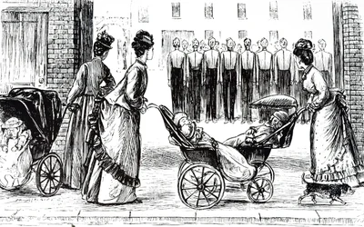 保育士が子供たちを連れて散歩する様子を描いた版画。フランス系イギリス人の漫画家・作家であるジョージ・デュ・モーリア（1834-1896）が描いたもの。