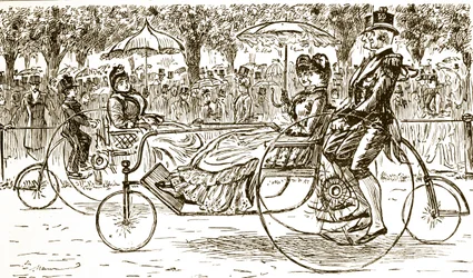 自転車に乗った乗客を描いたエングレーヴィング。フランス系イギリス人の漫画家・作家であるジョージ・デュ・モーリア（1834-1896）が描いたもの。