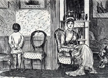 母親が息子を壁に向かって立たせて罰する様子を描いた漫画