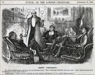 喫煙室に集まり、食後の葉巻を吸う紳士たち。ジョージ・デュ・モーリアの漫画、1886年ロンドンの「パンチ」より。