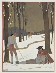 ヴァルモンとダンセニーの決闘、1920年代に出版されたピエール・チョドレルロス・デ・ラクロス（1741-1803）による「Les Liaisons Dangereuses」のイラスト（ポショワールプリント）