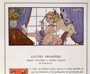 最初の手紙、1920年代に出版されたピエール・チョデルロス・ド・ラクロス（1741-1803）による「Les Liaisons Dangereuses」のイラスト（ステンシルプリント）