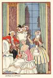 18 世紀のフランスのトイレで高貴な女性。 1928年（版画）