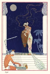 1928年古代エジプトの焼けた香りのする女王が立っている（版画）