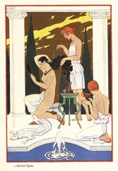 奴隷が愛人の髪に香油を注ぐ、古代ローマ 1928 年 (版画)
