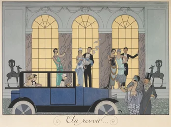 Au revoir。 車で出発する人々。 イブニング ドレスの人々。