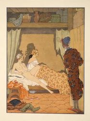 寝室のシーン、Pierre Choderlos de Laclos (1741-1803) pub による「Les Liaisons Dangereuses」のイラスト。 1934年（ステンシルプリント）