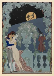 ファントーシュ。 (マリオネット) ドビュッシーの Fêtes Galantes、Scaramouche、Pulcinelle から。 裸の女性を抱きしめる男性。 月に対してシルエットで 2 つの figues。