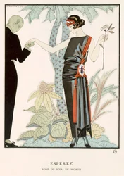 「Gazette du Bon Ton』誌；エスペレス、ワースのイブニングドレス、1920年頃（カラーリトグラフ）