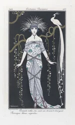 シルバーブロケードの大きなイブニングドレス。 青いかつら、エグレット、コスチューム パリジャン、pub.1914 (ステンシル プリント) から