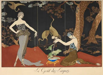 Le gout des laques. 漆の味。 漆塗りのスクリーンの前にいる 2 人の女性。