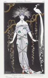 シルバー ブロケードのイブニング ドレスとウィッグ - イラストは George Barbier (1882-1932)。 in “” Journal des dames et des modes: Costumes Parisiens””