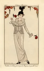 真珠灰色のスーツと黒い麦わら帽子の女性。トンマーゾ・アントンジーニの『Journal des Dames et des Modes』、Aux Bureaux du Journal des Dames et des Modesに掲載されたジョルジュ・バルビエの挿絵による手彩色ポショワール版画