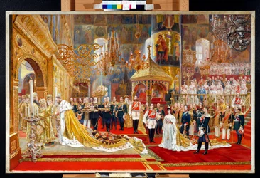 ロシアの皇帝アレクサンドル 3 世 (1845-1894) と皇后マリア フョードロヴナ (デンマークのダグマー) (1847-1928) の戴冠式 - ジョージ ベッカー (1845-1909) によるアートワーク