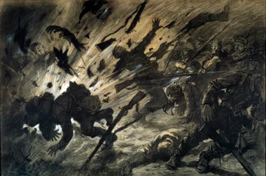 夜間の砲弾の効果、1915年4月。ジョルジュ・スコット、スコット・ド・プラニョールと称される画家（1874-1942年）による素描、1915年 - 紙にインク、グアッシュによるハイライト - 寸法：0.67 x 1.010メートル - パリ、ミュゼ・ド・ラルメ