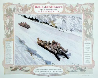 洋服店「La Belle Jardiniere」のカレンダーに掲載された12月のイラスト「Tobogganing」。