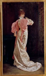 フランスの女優アンリエット・ロジーヌ・ベルナール、通称サラ・ベルナール（1844-1923）の全身肖像。ジョルジュ・ジュール・ヴィクトル・クレラン（1843 - 1919）による絵画。19世紀。パリ、コメディ・フランセーズ