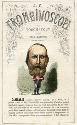 ジュゼッペ・ガリバルディ（1807-1882）の挿絵。レオン＝シャルル・ビエンヴニュ（1835-1910）の政治風刺定期刊行物『トロンビノスコープ（Le Trombinoscope）』より。