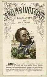 Leon GAMBETTA (1838-1882)の挿絵。Leon-Charles Bienvenuによる政治風刺定期刊行物『Le Trombinoscope』より。